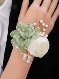1 pieza Flor de muñeca, Camellia verde oliva combinada con decoración de rosa beige, elegante brazalete floral con cuentas para novia, dama de honor, boda, fiesta, uso diario