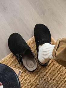 2025夏季男女通用博肯一脚蹬拖鞋，皮革鞋面搭配搭扣设计，软木厚底，耐磨，简约纯色，适合户外、旅行、休闲街头风格、情侣装，轻便露背穆勒拖鞋，时尚舒适，建议订购大一码