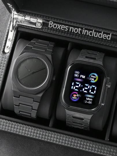 2 件黑色 TPU 表带石英表和数字显示夜光 LED 电子表，运动休闲百搭必备，送给他/她的礼物