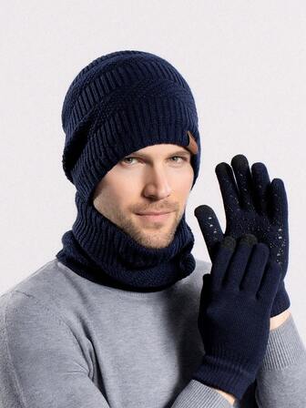 Ny stickad mössa i europeisk och amerikansk stil för män, varm fleecemössa, halsduk och handskar i 3 delar, köldtålig mössa