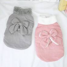 1pc Dog Fleece Vest With Bowknot, Warm Padded Collar Jacket For Cats & Dogs, Autumn/Winter - Grey - View 2
