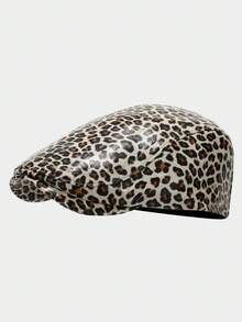 Unisex Large Head Circumference New European And American Fashion Leopard Print PU Beret Hat, Retro Artistic Cap For Autumn/Winter - Duck Tongue - View 2