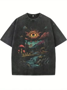 Men's Vintage Print Washed Cotton T-Shirt – Oversized Soft & Breathable Tee With Surreal Fantasy "Eyeball & Swamp Pine" Design. Heavyweight Black Casual Daily & Party Wear – Bohemian Retro Style, All-Season Geometric Pattern  Top - 黑色 - 查看 1