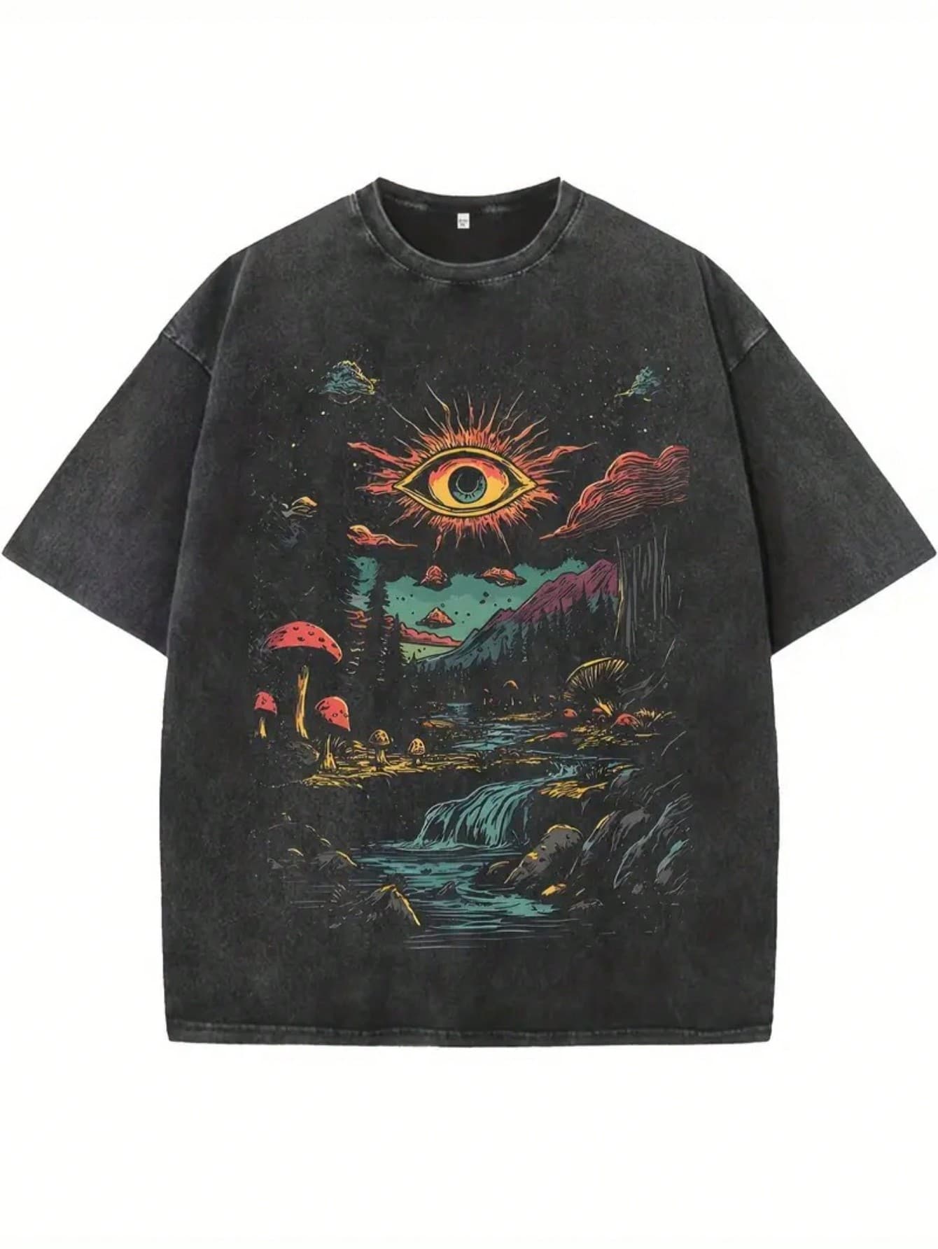 Men's Vintage Print Washed Cotton T-Shirt – Oversized Soft & Breathable Tee With Surreal Fantasy "Eyeball & Swamp Pine" Design. Heavyweight Black Casual Daily & Party Wear – Bohemian Retro Style, All-Season Geometric Pattern Top - 黑色 - 查看 1
