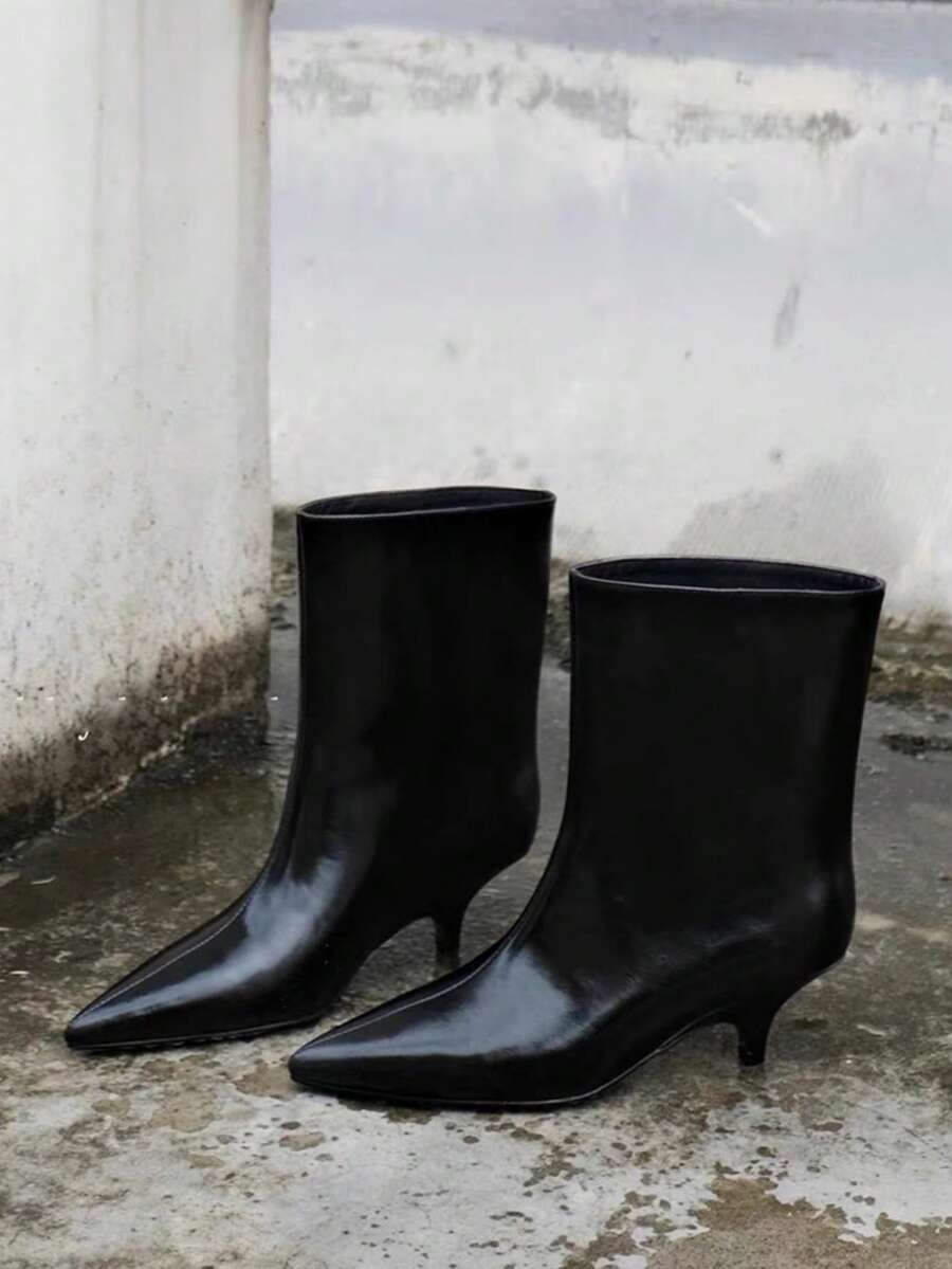 秋冬季法式博主风尖头过膝长靴，北欧风猫跟马术靴，猫跟靴，派对靴 - 黑色 - 查看 1