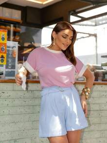 Women's Short Sleeve Striped Round Neck Blouse - BICOLOR PINK BB - View 1