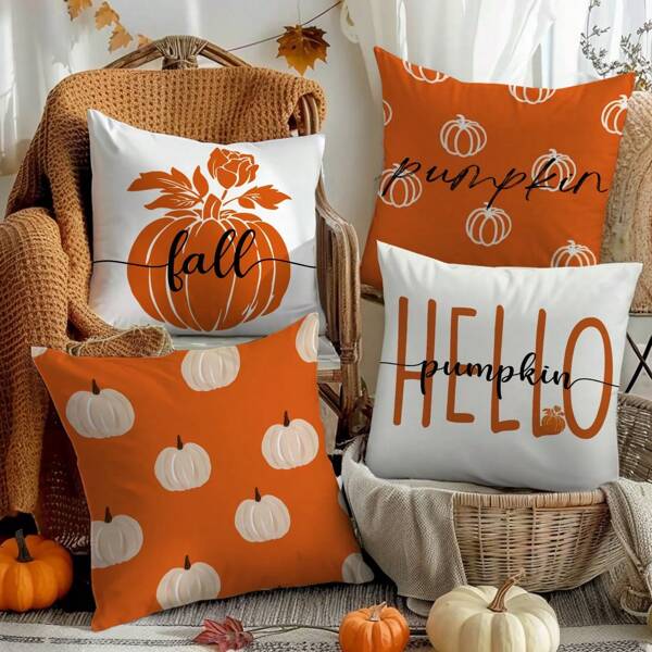 4 pièces Housses de coussin avec texte et motif de citrouille d'automne [Sans insert], 17,7 * 17,7 pouces (45 * 45 cm), [Impression unilatérale], Taie d'oreiller en polyester de récolte d'automne pour canapé, salon, chambre, voiture, bureau, hôtel, Airbnb Décoration, cadeau parfait pour la famille et les amis