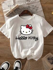 SANRIO HELLO KITTY Women's Short-Sleeved Crew Neck Casual T-Shirt With HELLO KITTY Print. Made Of Pure Cotton. Machine Washable. Suitable For All Seasons. Summer Wear. Fun, Sexy, Avant-Garde And Personalized Design. Opaque Fabric. - 白色 - 查看 1