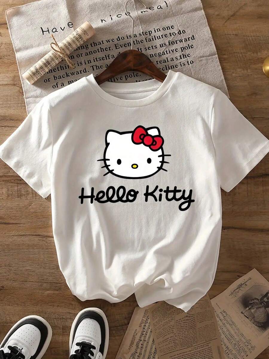 SANRIO HELLO KITTY Women's Short-Sleeved Crew Neck Casual T-Shirt With HELLO KITTY Print. Made Of Pure Cotton. Machine Washable. Suitable For All Seasons. Summer Wear. Fun, Sexy, Avant-Garde And Personalized Design. Opaque Fabric. - 白色 - 查看 1