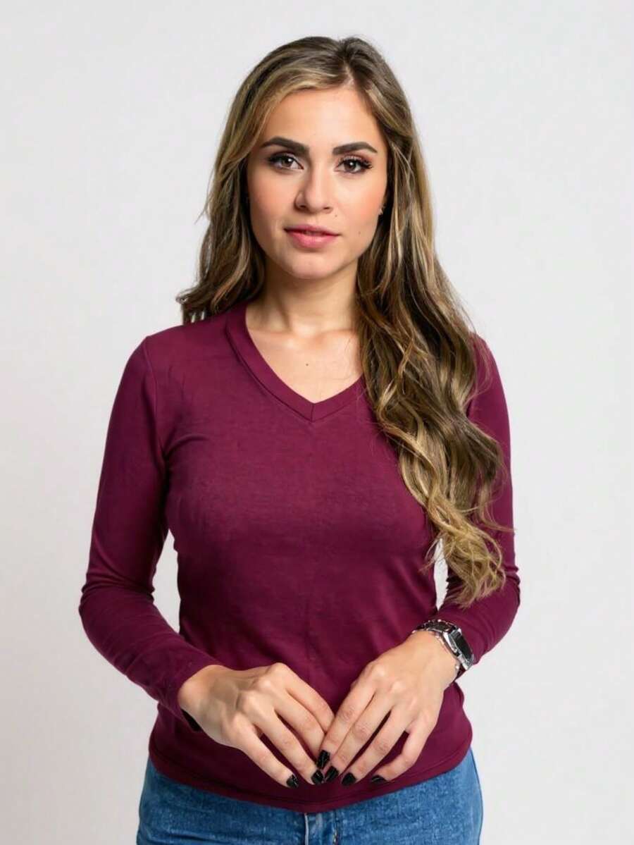 Women's Long Sleeve V-Neck Cold Blouse - 酒紅色 - 查看 1
