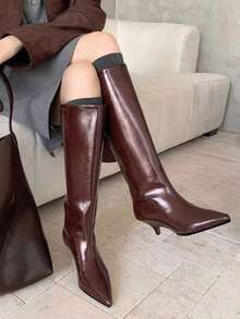 秋冬季法式博主风尖头宽筒过膝长靴，北欧风猫跟马术靴（女士款），猫跟鞋 - 酒紅色 - 查看 3