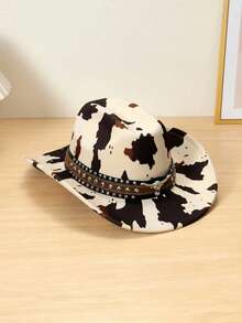 ROMWE Grunge Punk 1pc Unisex Polyester Cow Print Cowboy Hat - Leather Rivet Bull Head Decoration, Perfect For Horseback Riding, Outdoor Travel, Cowboy Parties And Daily Wear - Multicolor - View 4