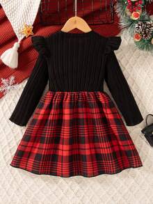 Girls' Casual Plaid Pattern Bow Decor Round Neck Long Sleeve Knee-Length Dress, Suitable For Spring And Autumn - Red - View 3