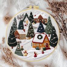 1 Piece Embroidery Kit, 20x20cm/7.9x7.9 Inches, Winter Village, Handmade DIY Embroidery Kit, Suitable For Both Adults And Beginners, Including User Manual, Printed Fabric, Embroidery Frame, And Needles And Threads