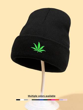 1 件男女通用叶子刺绣保暖针织帽，柔软舒适休闲嘻哈风格，适合秋冬日常穿着秋季服装