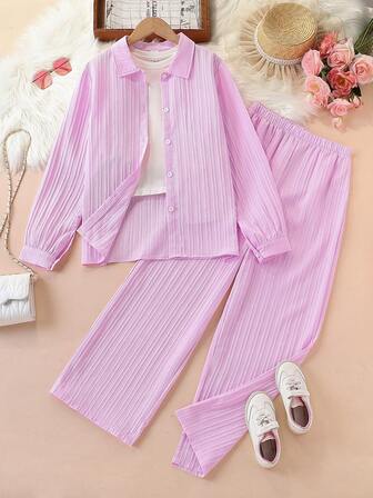 青少年女孩休闲纯色纽扣长袖衬衫和裤子套装