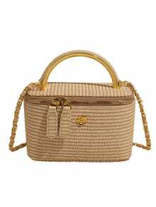 Woven Hand-Held Square Bag, A Finishing Touch To The Summer Look. With Clear Texture And Lightweight Breathability. Exquisite Golden Metal Hardware, Including Handle, Zipper And Chain Strap, Adds A Luxurious Touch. The Compact Square Design With An Internal Partition Can Hold A Mobile Phone, Lipstick And Other Small Items. - Khaki - View 13