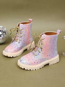 1 Pair Girls' Gradient Sequin Boots, Classic Front Lace-Up Round Toe Thick Sole Height-Increasing Design, Cute Princess Sweet Cool Style Ankle Boots, Suitable For Holidays, School, Dance Parties, Autumn/Winter New Arrival - Baby Pink - View 1