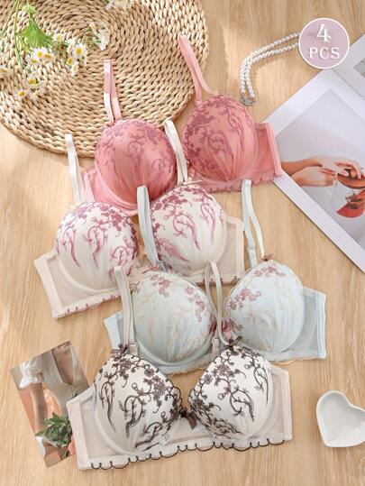 4 件大码女士优雅蕾丝文胸，3D 花卉刺绣设计，舒适的钢圈带蝴蝶结细节 - 4 种颜色可选（粉色、浅紫色、薄荷绿、白色） - 完美的礼物，精致的蝴蝶结装饰，耐用的内衣结构，提升