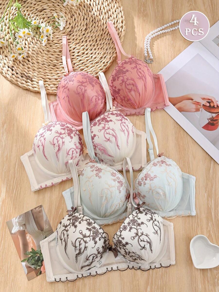 4pcs Plus Size Women's Elegant Lace Bras, 3D Floral Embroidery Design, Comfortable Underwire With Bow Details - 4 Colors Available (Pink, Light Purple, Mint Green, White) - Perfect Gift, Delicate Bow Decor, Durable Lingerie Structure, Lift - Multicolor - View 1