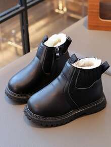 1 Pair Children's Warm Thermal Lined Solid Color Boots With Side Zipper, Non-Slip Soft Sole, Winter Boots For Kids - Black - View 4