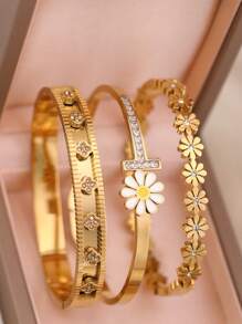 3 قطع / 1 قطعة سوار مطلي بالذهب الأصفر عيار 18 قيراط من الفولاذ المقاوم للصدأ على شكل رباعي ورقة البرسيم، مناسب للحفلات والاستخدام اليومي للنساء، بأسلوب أوروبي وأمريكي، مميز وفاخر، مرصع بالزركونيا المكعبة، مجموعة مجوهرات للزفاف، هدية للبنات والنساء والأقارب والأصدقاء، لمناسبات الزفاف والأعياد والعيد الحب