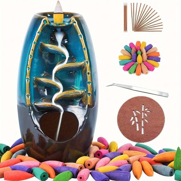 Ceramic Incense Burner, Backflow Waterfall Incense Holder, Includes 50pcs Backflow Incense Cones, 20pcs Incense Sticks, 1pc Tweezers + 1pc Cushion, Suitable For Home, Office, Yoga, Aromatherapy Decor, Zen Style