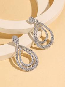 1 对锌合金纹理泪珠流苏耳环，适合女性日常佩戴 - 銀色 - 查看 4