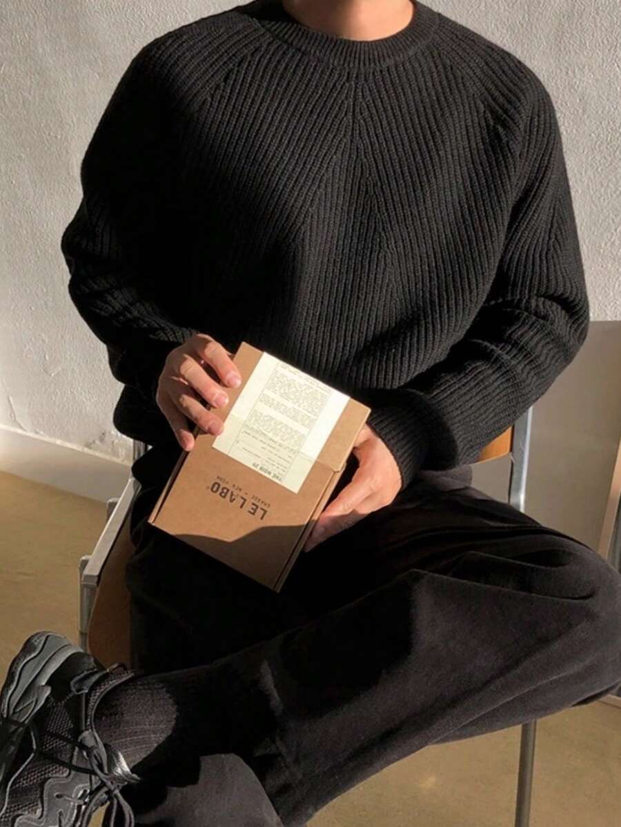 白悦男士宽松纯色休闲通勤风圆领针织衫，圣诞节新年款，长袖上衣 - 黑色 - 查看 1