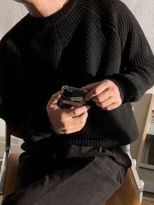 白悦男士宽松纯色休闲通勤风圆领针织衫，圣诞节新年款，长袖上衣 - 黑色 - 查看 4