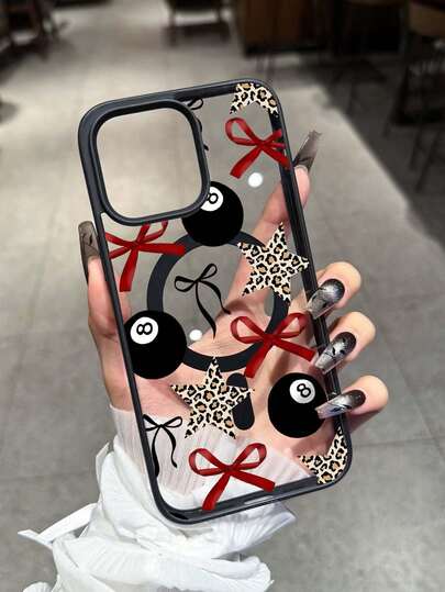 Black Billiard Fashion Phone Cases Leopard Print Star Pattern Printed Black Magnetic Ring Phone Case Compatible With IPhone 16 Pro Max, 14, 13, 12, 11 Pro Max, XS Max, X, XR, 8, 7, Plus, Mini, Suitable As Birthday Gift, Anniversary Gift Shockproof Anti-Fall Scratch Resistant Birthday Gift Anniversary Gift