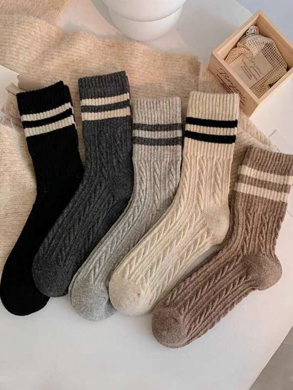 3/5 Pairs Random Vintage Cable Knit Crew Socks For Women, Thick Warm Striped Ribbed Socks For Autumn/Winter