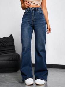 Vaqueros de pierna recta simples para mujeres para uso diario ,Pantalones holgados con bolsillos en azul oscuro, Jeans, Pantalón denim holgado no elástico azul oscuro - Azul - Ver 3