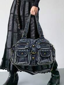 Túi xách nữ phong cách đường phố punk retro, túi đeo vai cỡ lớn kiểu biker Y2K, túi da giả cao cấp dành cho người đi làm trong thành phố, dây đeo chéo có thể tháo rời, phù hợp cho sử dụng hàng ngày và các buổi tụ họp, món quà hoàn hảo cho kỳ nghỉ. - Màu xanh lam - Xem 1