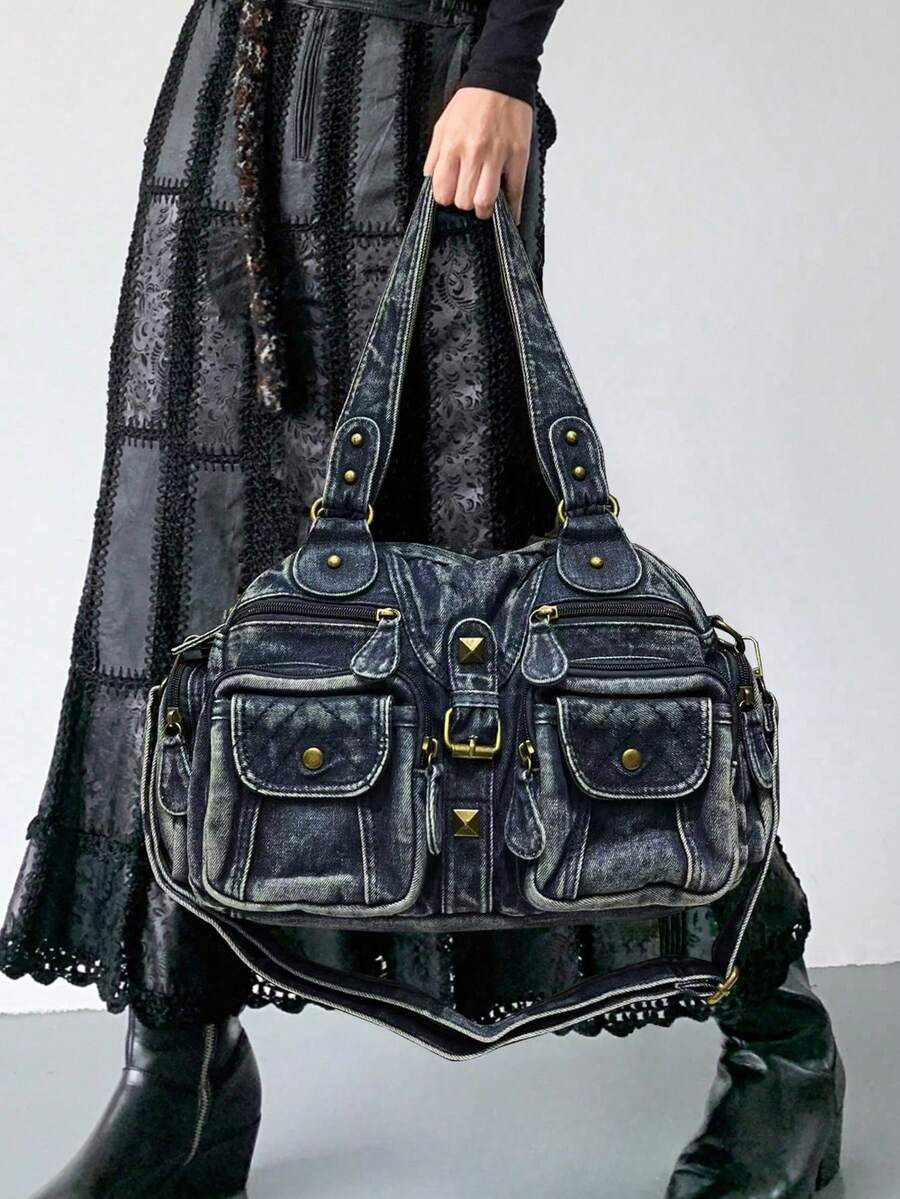 Túi xách nữ phong cách đường phố punk retro, túi đeo vai cỡ lớn kiểu biker Y2K, túi da giả cao cấp dành cho người đi làm trong thành phố, dây đeo chéo có thể tháo rời, phù hợp cho sử dụng hàng ngày và các buổi tụ họp, món quà hoàn hảo cho kỳ nghỉ. - Màu xanh lam - Xem 1