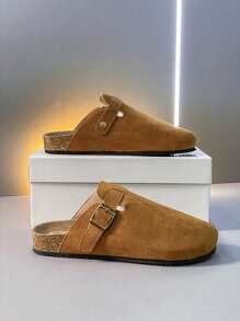 2025夏季男女通用博肯一脚蹬拖鞋，皮革鞋面搭配搭扣设计，软木厚底，耐磨，简约纯色，适合户外、旅行、休闲街头风格、情侣装，轻便露背穆勒拖鞋，时尚舒适，建议订购大一码
