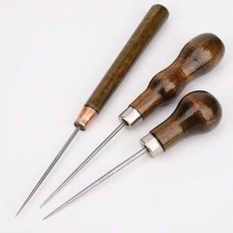 1 Set (3pcs) Premium Gourd-Shaped Solid Steel Cone Needles Awls - Multi-Purpose Sewing, Leather Craft, And Shoe Repair Tool Kit With Round Shank And Wooden Handles - Durable Uncoated Metal Construction For Professional Binding And Positioning Drilling
