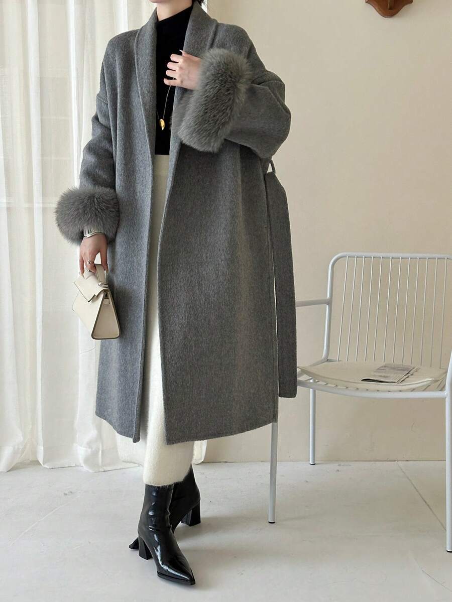 女士经典披肩领系腰长款双面羊毛大衣，秋冬季休闲加长外套