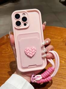1pc Pink 3D Grid Heart + Card Holder Lanyard Matte Soft Full Coverage Phone Case Compatible With IPhone 11/11 Pro Max/12/12 Pro/12 Pro Max/13/13 Pro/13 Pro Max/14/14 Plus Waterproof Shockproof Anti-Fall Scratch Resistant