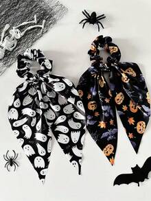 1pc/2pcs Halloween Elements Ghost, Pumpkin Head Print Long Scrunchie, Ponytail Holder Hair Accessories, Suitable For Women Holiday Party Decorations, Bohemian Street Style ,Head Piece