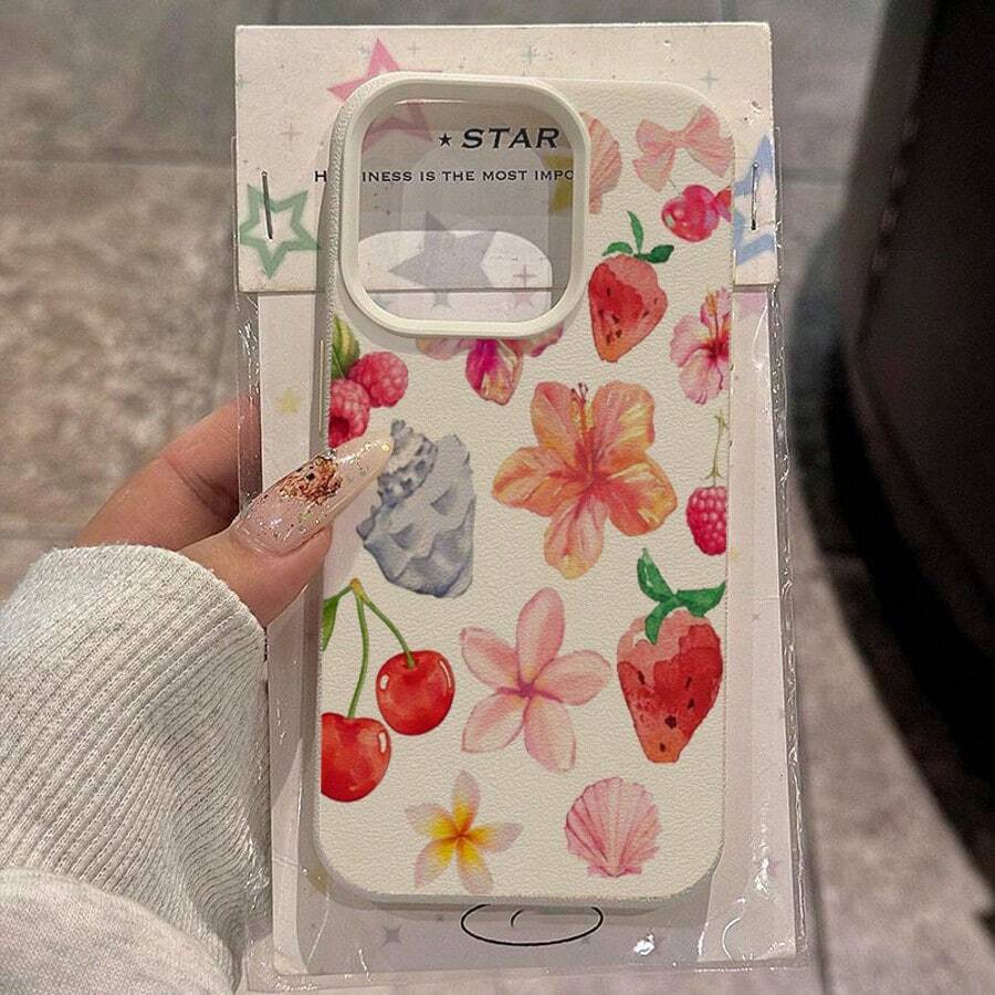 1个TPU材质可爱花朵、贝壳、樱桃、草莓图案手机壳,兼容苹果手机 - 白色 - 查看 1
