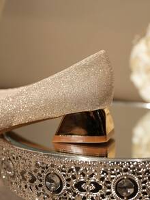 Pointed Toe Glitter Wedding Bridal Shoes, Thick Heel Comfortable Bridesmaid Shoes For Wedding Party - Champagne - View 4