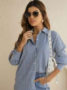 Women's Long Sleeve Striped Shirt With Loose Buttons In Premium Crepe Fabric Without Pockets, Casual And Elegant - 藍色 - 查看 1