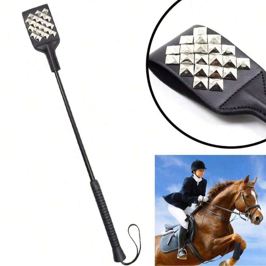 Premium Riding Crop Whip, Horse Whip With Double Slapper For Equestrian Sports Rivet Black