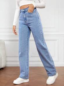 Pantalones de mezclilla para mujer - Corte recto, estilo casual, tiro alto - Jeans cómodos y modernos - Lavado ligero - Ver 2