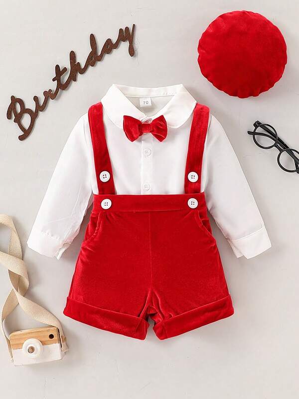 3pcs Boys' Outfit Set: Long Sleeve Collared Top + Red Suspender Shorts + Hat, Birthday Party Formal Suit