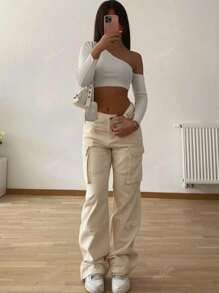 Elegant Stylish Vintage Y2K Casual Cute Cargo Pants - High-Waisted, Solid Color Elastic Waist Wide-Leg, Pocketed, Comfortable, Airport, Back To School, Teacher, Clubs, Birthday Parties, Halloween, Concerts, Gym, Business, Street Wear, Spring, Summer, Autumn And Winter Styles