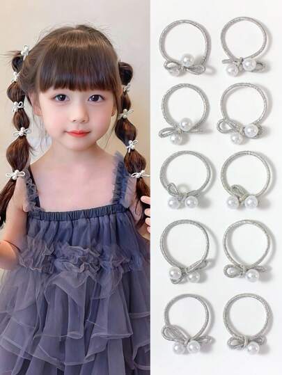 10pcs Sweet & Cool Silver Bowknot Elastic Hair Ties, Pearl Thumb Hair Rings, Cute Korean Style Hair Scrunchies, Non-Damaging Ponytail Holders, Fashion Hair Accessories For Girls, Daily & Party