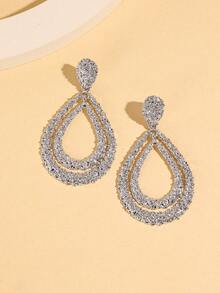 1 对锌合金纹理泪珠流苏耳环，适合女性日常佩戴 - 銀色 - 查看 3