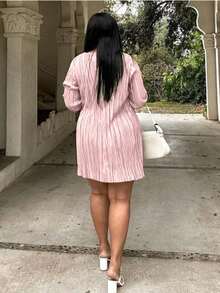 Plus Size Tie-Waisted Trumpet Sleeve Solid Color Dress, Flattering, Suitable For Summer Street Wear - Pink - View 2